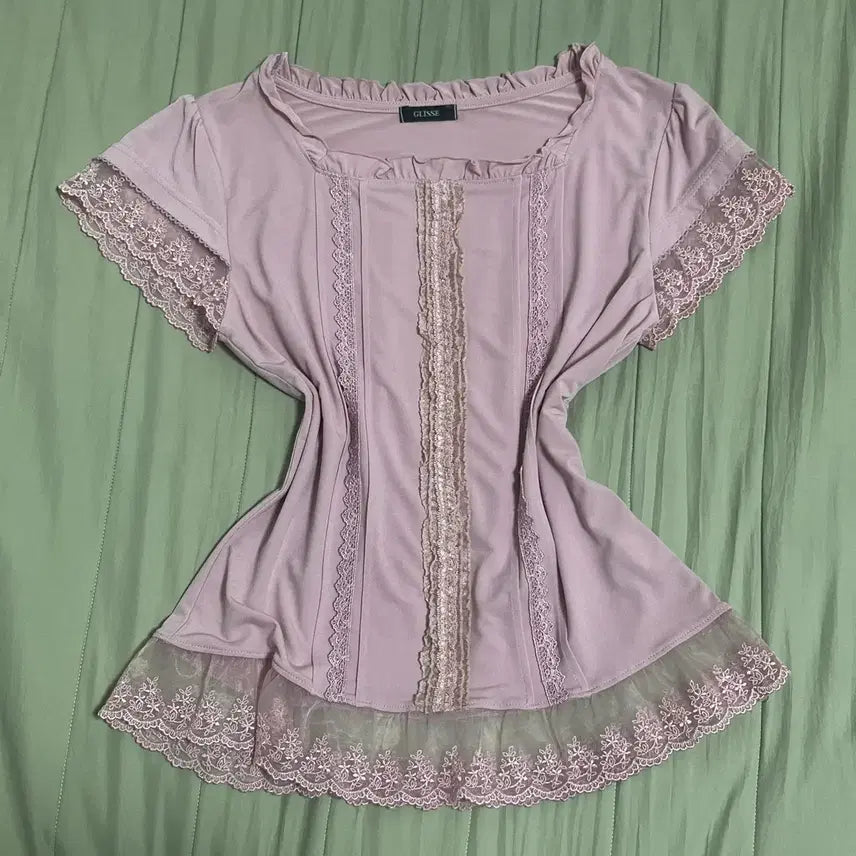 [BUNJANG] Vintage Pink Hime Gyaru Lace Short Sleeve Blouse T-Shirt / 빈티지 핑크 히메갸루 레이스 반팔 블라우스 티셔츠