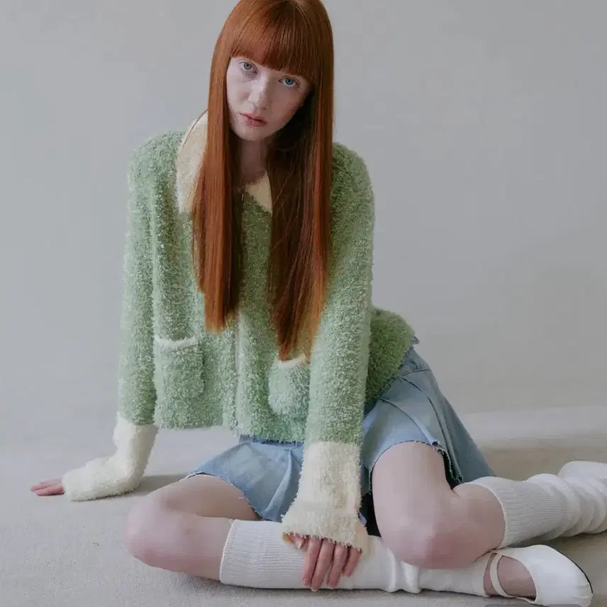[BUNJANG] KIMUER Colorblock Collar Zip-Up Knit Emerald Green / 키뮤어 (우먼) 배색 카라 집업 니트_에메랄드 그린