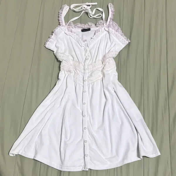 [BUNJANG] Vintage White Pink Lace Frill Slip Dress / 빈티지 화이트 핑크 레이스 프릴 슬립 원피스 히메갸루 로걀 펑크