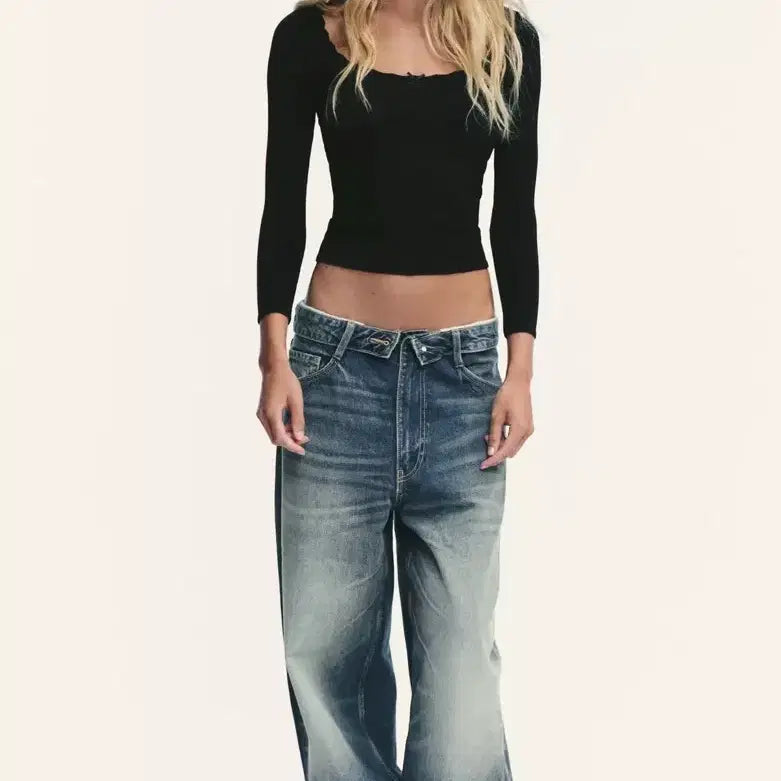[BUNJANG] Zara Slim Fit V-Neck Ribbed Long Sleeve Top Black / ZARA 자라 슬림핏 브이넥 리본 골지 긴팔 탑 블랙