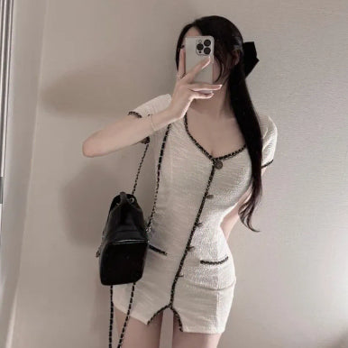 [BUNJANG] OneBelly Livin Tweed Half Sleeve Heart Neck Mini Dress / 원빌리티 미니원피스 리빈 트위드 반팔 하트넥 원피스