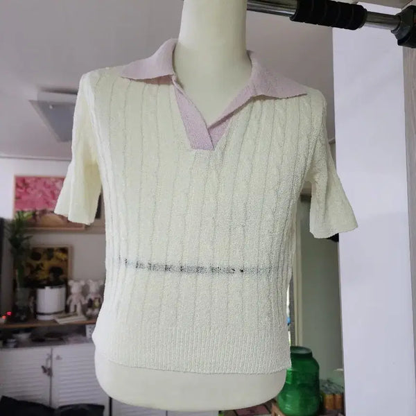 [BUNJANG] Ivory Cable Knit Short-Sleeve Polo Knit Top / 아이보리 꽈배기 카라 반팔 니트