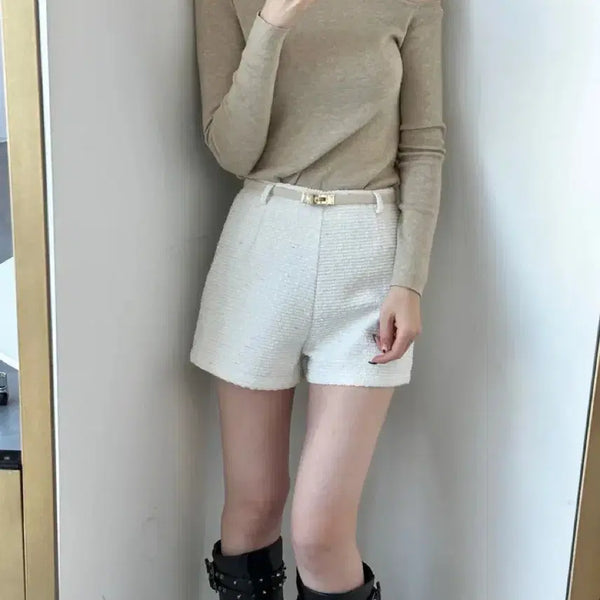 [BUNJANG] Imported Tweed Shorts with Belt Set - Ivory / (새상품) 수입의류 트위드 반바지 아이보리 벨트 세트