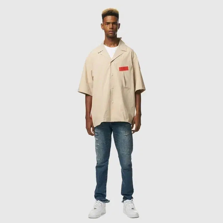 [BUNJANG] Jensai Beige Open Collar Short Sleeve Shirt / 젠사이 베이지 반팔 셔츠 오픈카라 셔츠