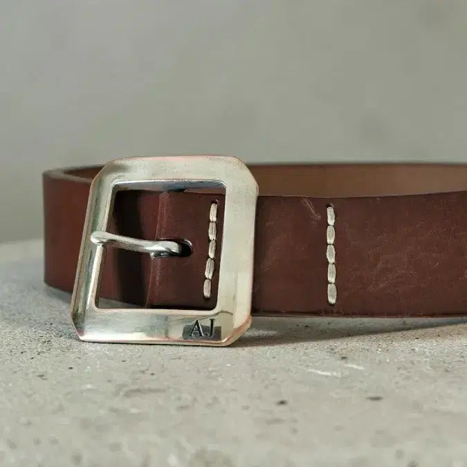 [BUNJANG] Armani Jeans Brass Buckle Full Grain Leather Stitch Belt / ARMANI JEAMS 아르마니 황동 버클 통가죽 스티치 벨트