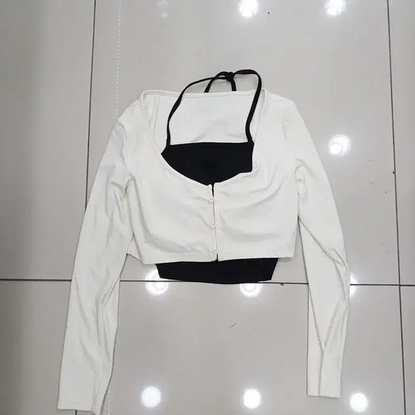 [BUNJANG] Integrated Bra Camisole Cropped Button Cardigan Ivory / 브라캡내장끈나시 크롭단추 아이보리 가디건 분리안됨 중고