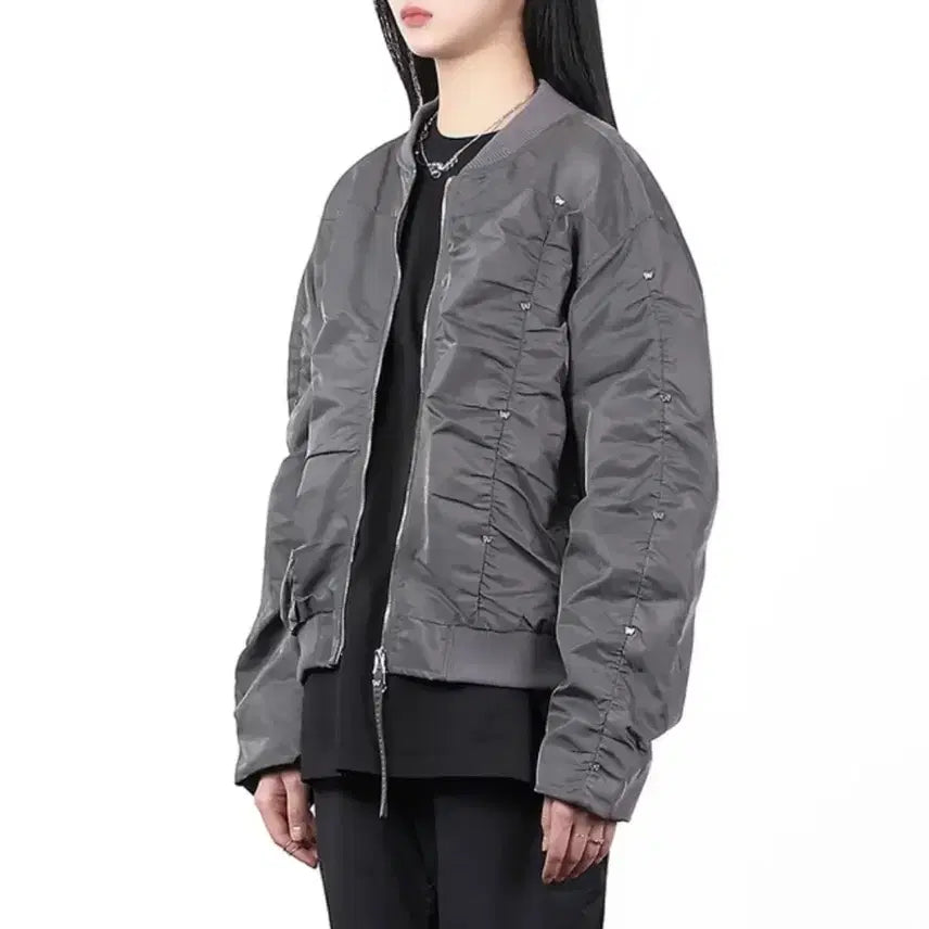 [BUNJANG] Butterfly Metal Curved Shirring Bomber Jacket - Dark Grey / 나비 메탈 커브드 셔링 봄버 자켓 진그레이 (나비포인트)