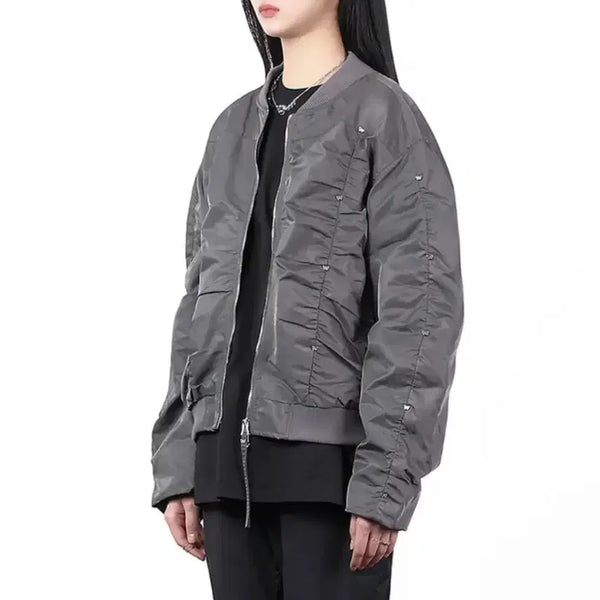 [BUNJANG] Butterfly Metal Curved Shirring Bomber Jacket - Dark Grey / 나비 메탈 커브드 셔링 봄버 자켓 진그레이 (나비포인트)