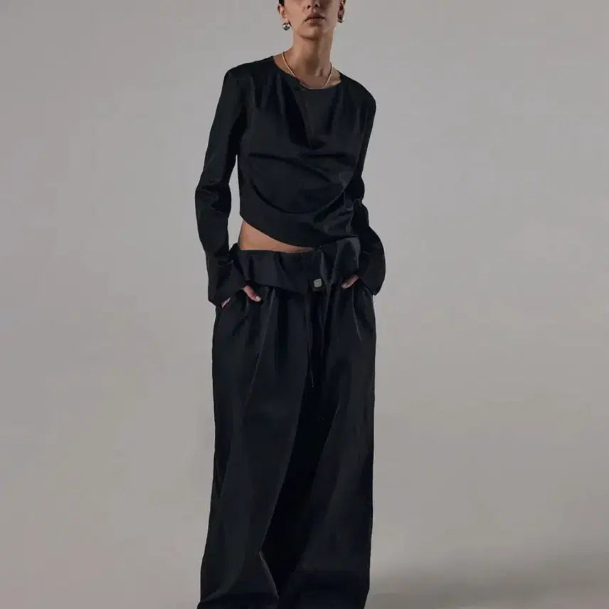 [BUNJANG] Trimingbird Folded Waist Wide Fit Pants Black / 트리밍버드 폴디드 웨이스트 팬츠 블랙