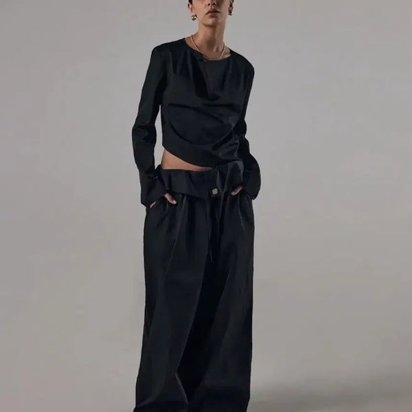 [BUNJANG] Trimingbird Folded Waist Wide Fit Pants Black / 트리밍버드 폴디드 웨이스트 팬츠 블랙