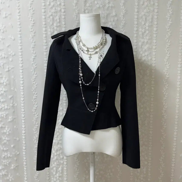 [BUNJANG] Vivienne Westwood Black Asymmetrical Curved Button Wool Short Jacket / 비비안웨스트우드 블랙 비대칭 곡선형 버튼업 울 숏 자켓 38