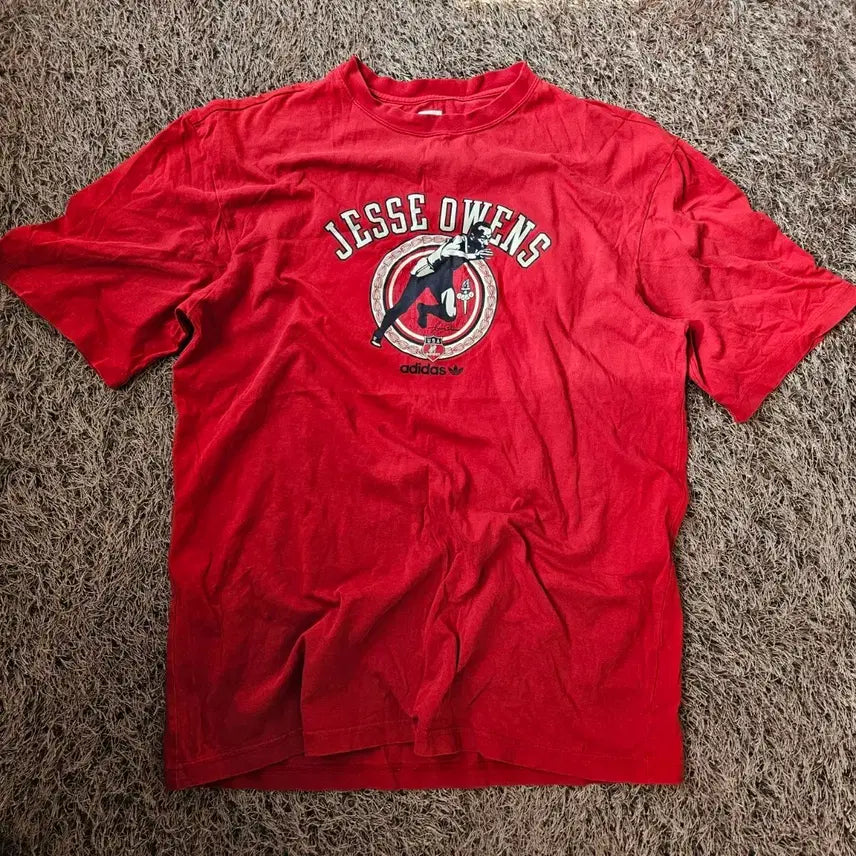 [BUNJANG] Adidas Jesse Owens Commemorative Vintage Reproduction T-Shirt Red Size 50 / 아디다스(Adidas) 00's 제시오웬 기념 빈티지 복각 반팔 티셔츠