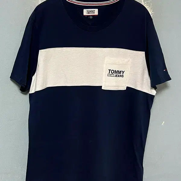 [BUNJANG] Tommy Jeans Cotton Color Block Stripe Pocket Men's T-shirt Navy L / 타미진스 코튼 컬러블록 스트라이프 포켓 남자 반팔티셔츠 네이비 L 100