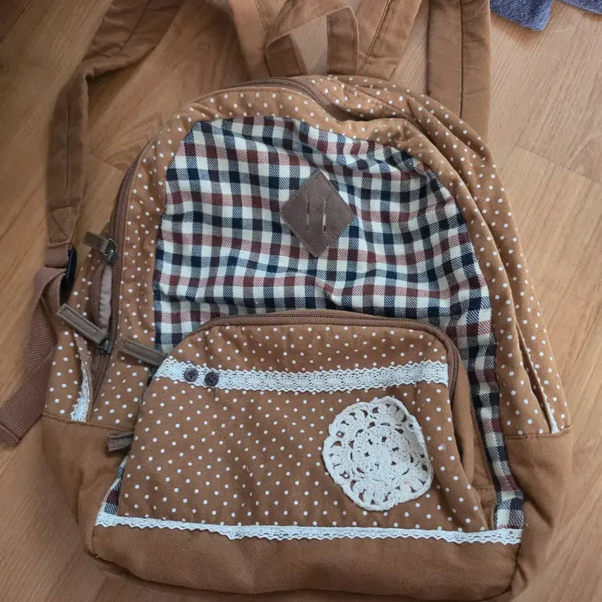 [BUNJANG] Japanese Vintage Mori Girl Brown Polka Dot Backpack / 일본 빈티지 모리걸 브라운 도트 백팩 (더이상 가격 인하X)