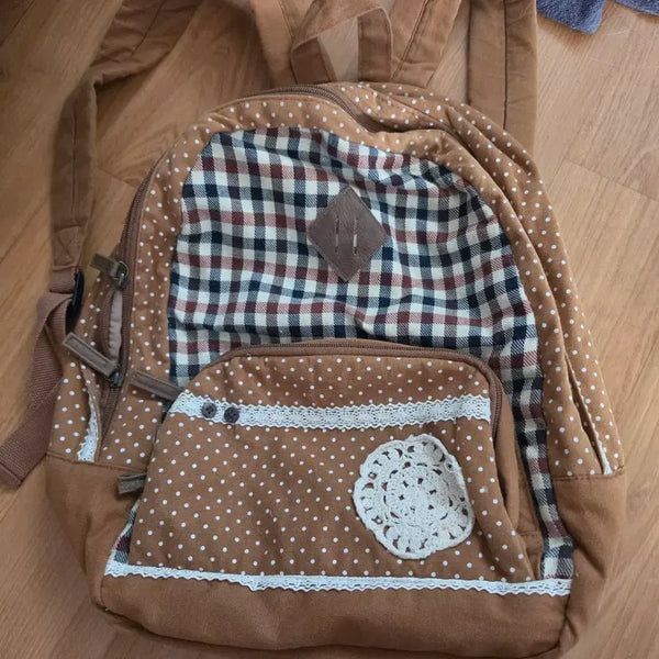 [BUNJANG] Japanese Vintage Mori Girl Brown Polka Dot Backpack / 일본 빈티지 모리걸 브라운 도트 백팩 (더이상 가격 인하X)