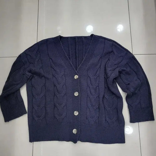 [BUNJANG] Navy Loose Oversized Knit Cardigan / 네이비 루즈 오버핏 니트 가디건 중고 오염 가슴67총64어깨70팔38