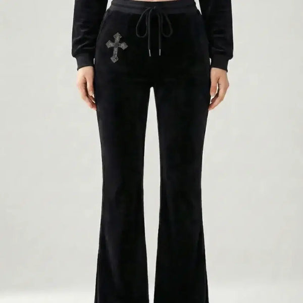 [BUNJANG] Ablley Velvet Cubic Semi-Low Rise Bootcut Training Pants / 에이블리 벨벳 크로스 큐빅 세미로우라이즈 부츠컷 트레이닝 팬츠