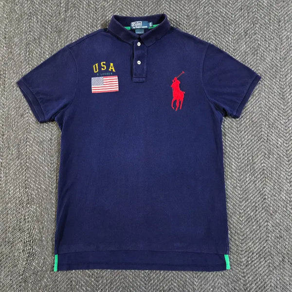 [BUNJANG] Polo Ralph Lauren Big Pony USA Flag Short Sleeve Polo Shirt - Navy, Size L / [L] 폴로 랄프로렌 빅포니 USA 성조기 반팔 카라티