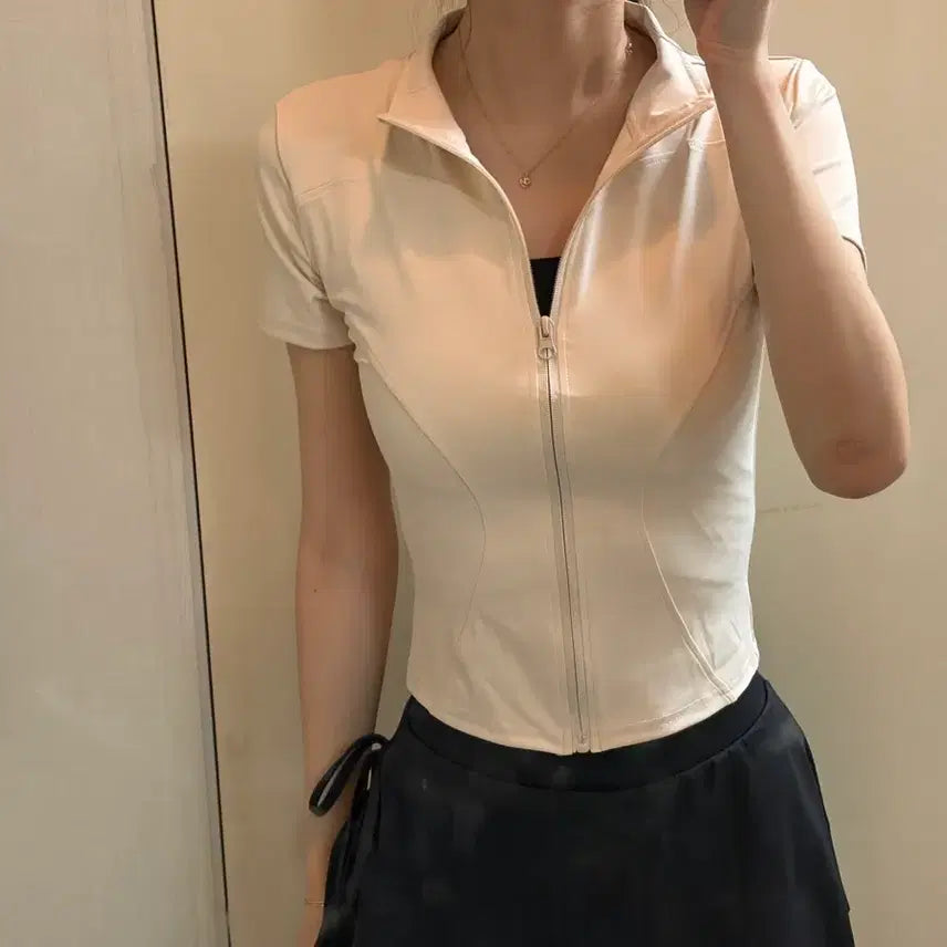 [BUNJANG] Fila Sportswear Short Sleeve Cropped Zip-Up Jacket & Leggings Set - Ivory / XS s 필라테스 요가 반팔 크롭 집업 자켓 아이보리 레깅스