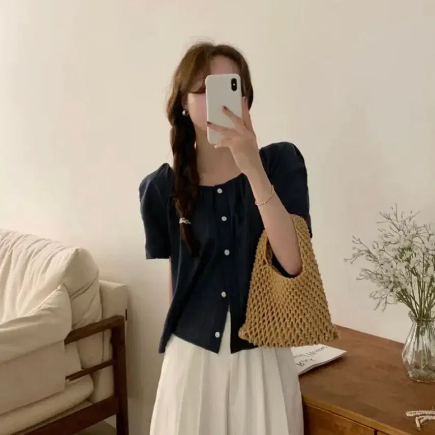 [BUNJANG] Navy Linen Short Sleeve Blouse / 네이비 린넨 반팔 블라우스