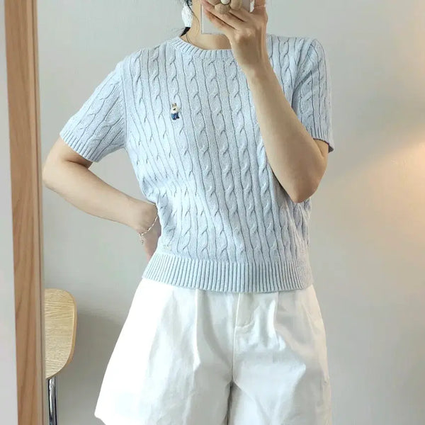 [BUNJANG] WhoAU Women's Cable Knit Short Sleeve T-Shirt M / (M)후아유 여성 반팔 니트 케이블 J5W3439