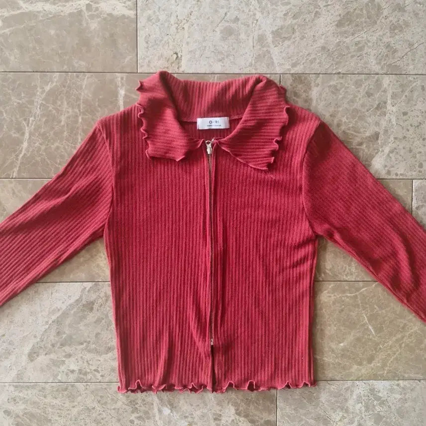 [BUNJANG] Red Wave Ribbed Collar Zip-Up Long Sleeve Knit Cardigan / 레드 물결 골지 카라 집업 긴팔 니트 가디건