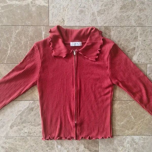 [BUNJANG] Red Wave Ribbed Collar Zip-Up Long Sleeve Knit Cardigan / 레드 물결 골지 카라 집업 긴팔 니트 가디건