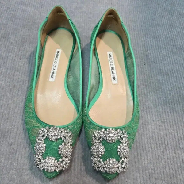 [BUNJANG] Manolo Blahnik Green Lace Jewel Detail Flat Shoes / 마놀로 블라닉 그린 레이스 플랫슈즈 35