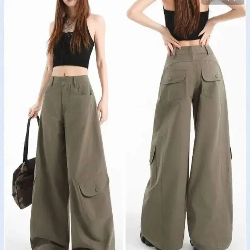 [BUNJANG] Green Wide Cargo Pants Balloon Fit / 와이드 카고 팬츠 그린 벌룬핏 93.5cm
