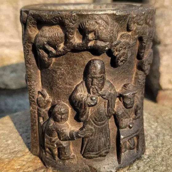 [BUNJANG] Antique Chinese Carved Soapstone Brush Pot with Scholar Figures / 오래된 곱돌필통(신선문.고사인물문)오리지널명품