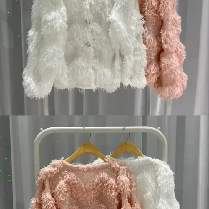 [BUNJANG] Feather Fur Cardigan White/Pink / 깃털 퍼 가디건 화이트/핑크