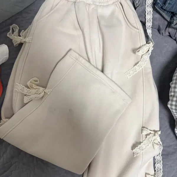[BUNJANG] Ribbon Lace Wide Training Pants / 리본 레이스 와이드 트레이닝바지 교신