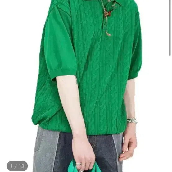 [BUNJANG] The Identity Project Cable Half Sleeve Knit Fern Green / 디 아이덴티티 프로젝트 케이블 반팔 니트