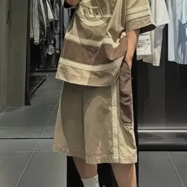 [BUNJANG] Juun.J Khaki Block Set T-shirt and Shorts / 준지 하키블록 세트가격