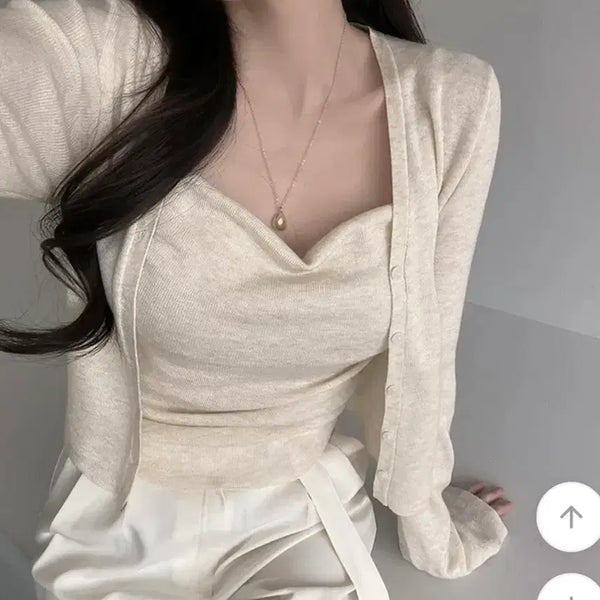 [BUNJANG] Gana Daran Two-Piece Drape Shirring Sleeveless Knit Cardigan Set / 가나다란 오렌즈 투피스 드레이프 훌 셔링 슬리브리스 니트 나시 가디건 세