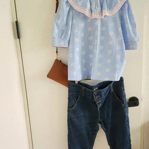 [BUNJANG] Check Flower Blouse / 체크 플라워 블라우스