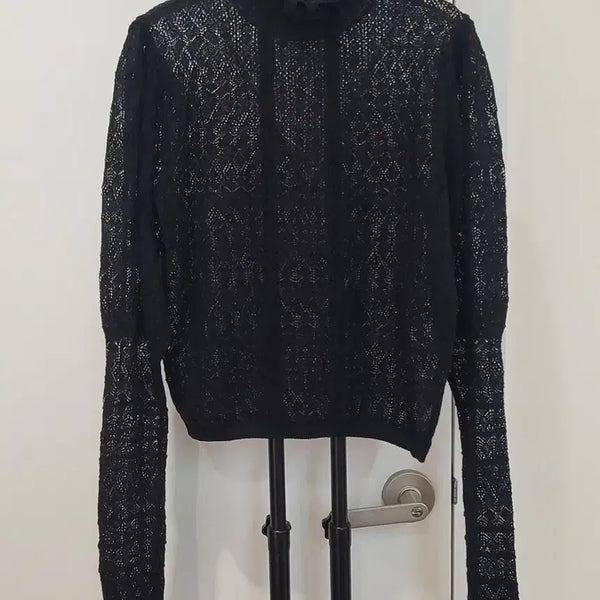 [BUNJANG] ZARA Black Sheer Ruffle Neck Lace Knit Top Size M / 자라ZARA 블랙 시스루 러플넥 레이스 니트 M사이즈