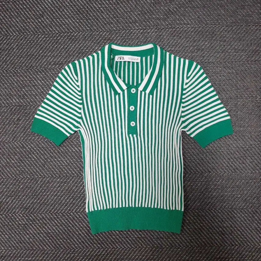 [BUNJANG] ZARA Green Stripe Knit Short Sleeve Polo Shirt / 자라 그린 스트라이프 니트 반팔 폴로티