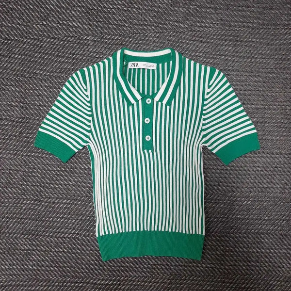 [BUNJANG] ZARA Green Stripe Knit Short Sleeve Polo Shirt / 자라 그린 스트라이프 니트 반팔 폴로티
