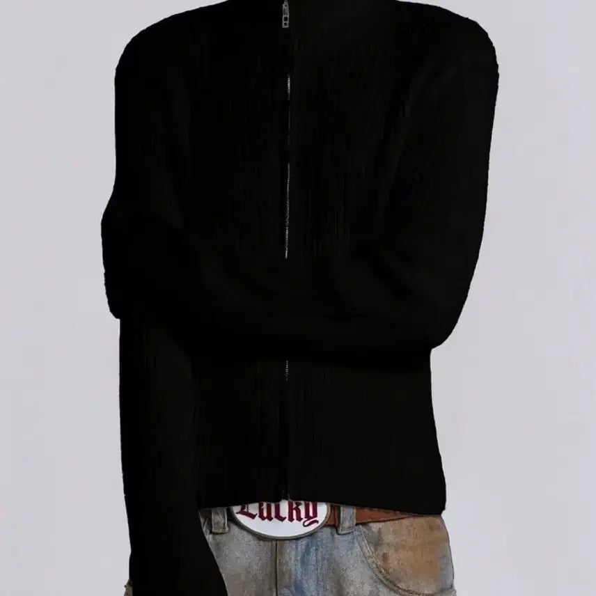 [BUNJANG] Cropped Slim Fit Knit Zip-Up Cardigan (Black/White) / 새상품)크롭 슬림핏 니트 집업 가디건 블랙/화이트
