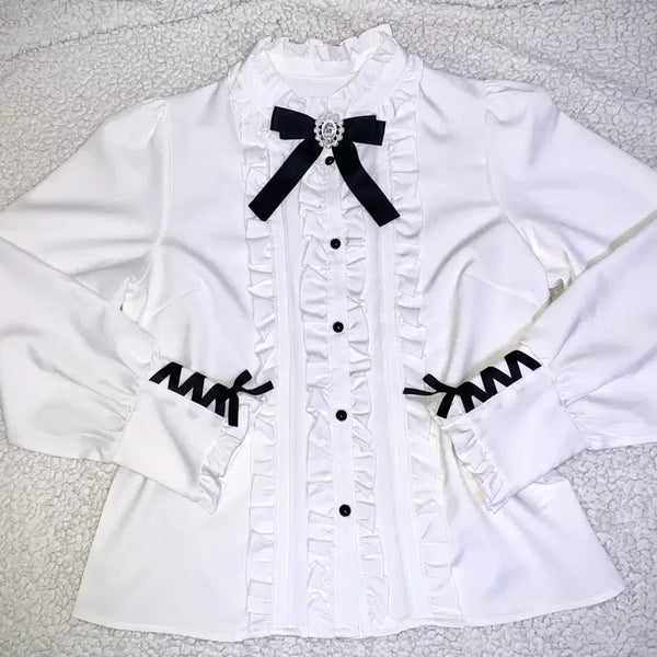 [BUNJANG] Dear My Love High Neck Cuffs Lace-up Blouse (Rosita Liz Lisa Style) / 디마럽 하이넥 커프스 레이스업 블라우스 | 양산형 지뢰계 로지타 리즈리사