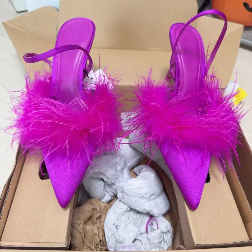 [BUNJANG] ZARA Feather Detail Slingback Heels Purple / 자라 퍼 장식 힐 퍼플