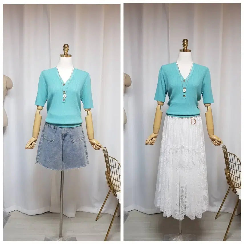 [BUNJANG] High-Quality Toggle Button Knit Top - Aqua Blue / 고퀄 토글단추 쫀쫀 쿨니트티 새상품(77까지)
