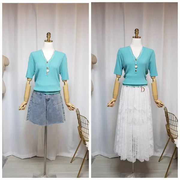 [BUNJANG] High-Quality Toggle Button Knit Top - Aqua Blue / 고퀄 토글단추 쫀쫀 쿨니트티 새상품(77까지)