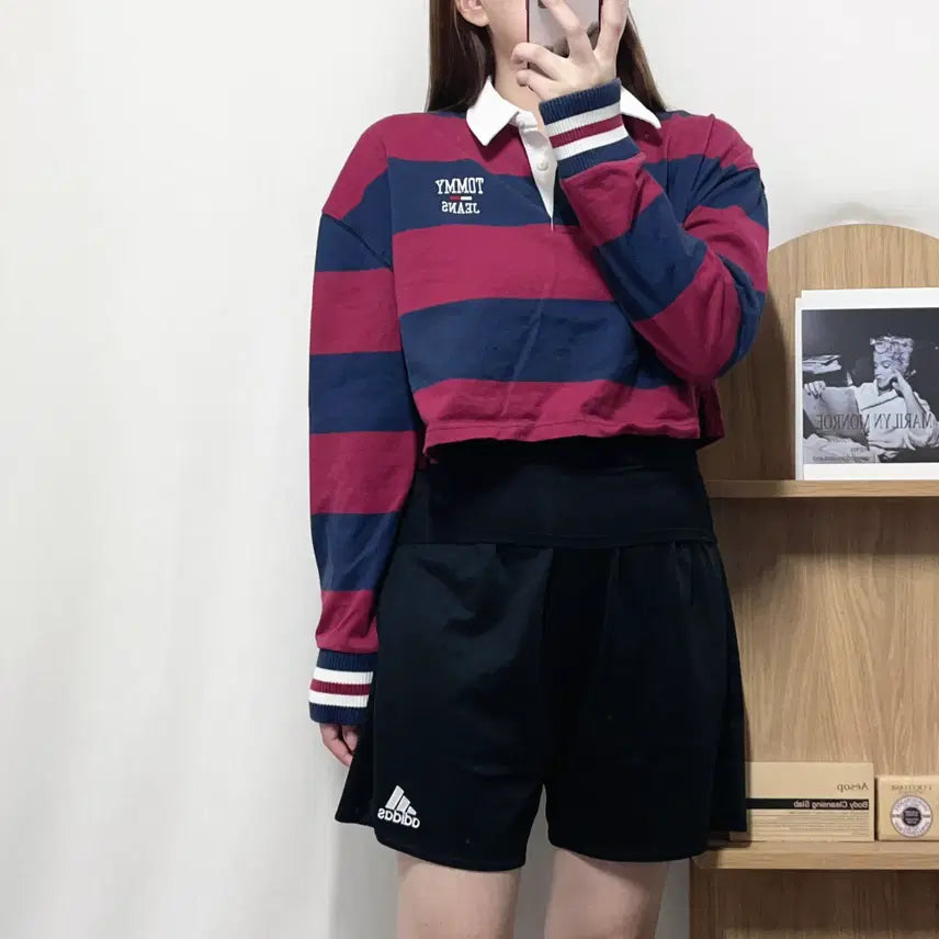 [BUNJANG] Tommy Hilfiger Striped Cropped Polo Shirt Size S / 타미 플럼네이비 단가라 크롭 카라티 [ S ]