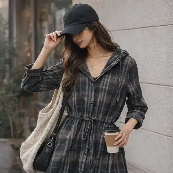 [BUNJANG] Checkered Hooded Cotton Dress / 체크 후드 면 원피스