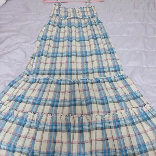 [BUNJANG] Pink Checkered Strap Dress / 하늘 핑크 체크 빈티지 원피스