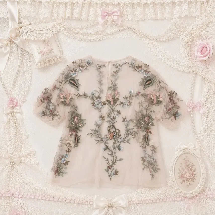 [BUNJANG] Zara Floral Embroidered Sheer Blouse / 자라 플라워  자수 블라우스