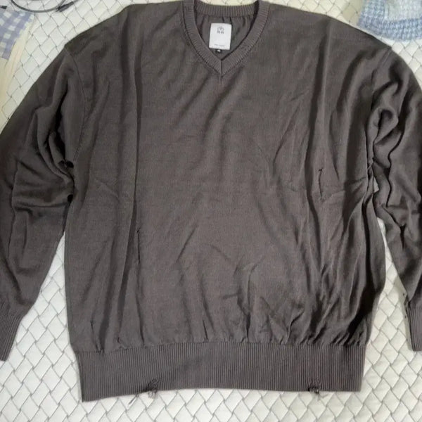 [BUNJANG] Poleruteu V-Neck Damaged Knit Brown Charcoal Size 4 / 폴리테루 브이넥 데미지 니트 브라운차콜 4사이즈