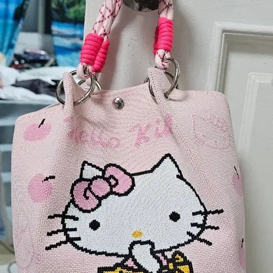 [BUNJANG] Hello Kitty Pink Knit Tote Bag / 헬로키티 핑크색 니트 가방 토트백